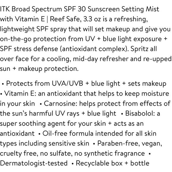2 ITK In The Know Broad Spectrum SPF 30 Sunscreen Setting Mist Vitamin E, 3.3 oz - Picture 10 of 10